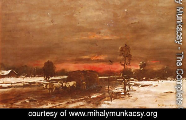 Mihaly Munkacsy - A Winter Landscape at Sunset