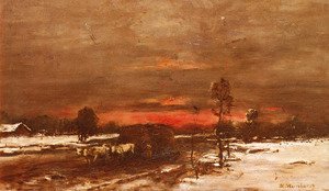 Mihaly Munkacsy - A Winter Landscape at Sunset